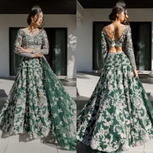 Emerald Green and Gold Lehenga Traditional Wedding Dresses Long sleeve Indian Two Pieces Lace Bridal Gown